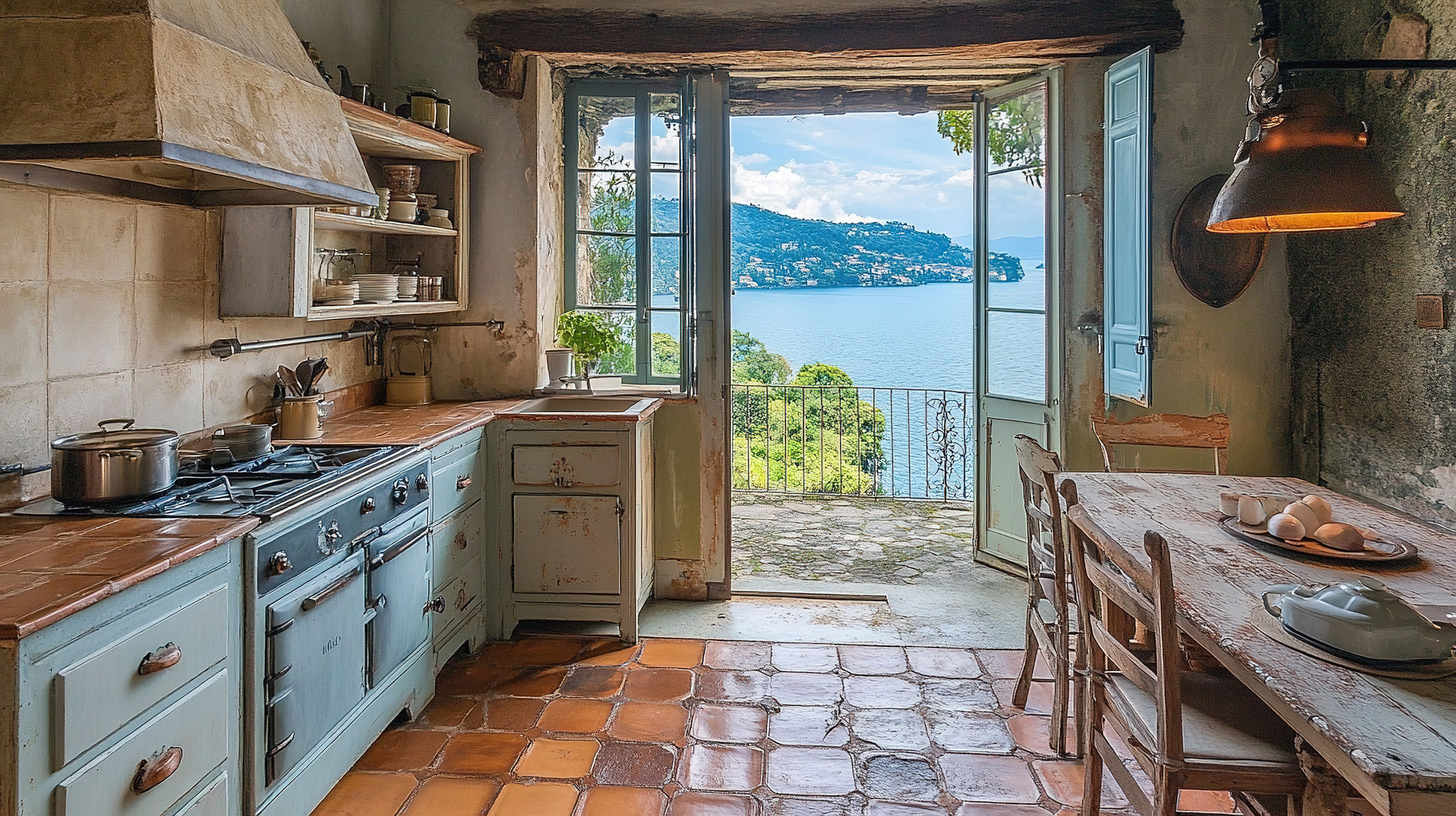 Sunlit European-inspired kitchen with vintage decor, original Italian tile flooring, rustic wood table, and patio overlooking a lake and mountains.